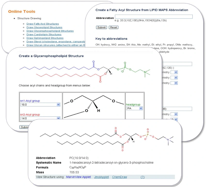 ontological information, acyl structure , LIPID MAPS ,A montage of screen shots showing LIPID MAPS structure drawing tools